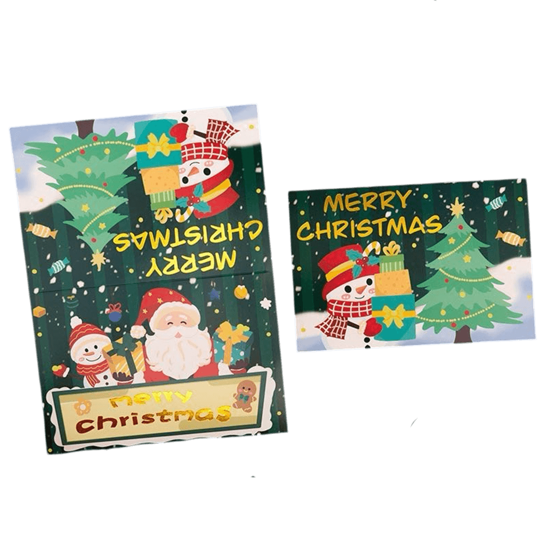 Tarjeta de Navidad personalizada – Muñeco de nieve con regalos – Mensaje personalizado