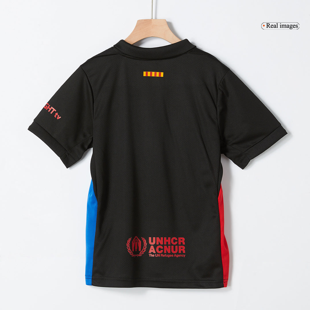 Barcelona 2024/25 Kids Away Nogometna majica (majica in kratke hla?e), ?rna - logotip Spotify brez besedila