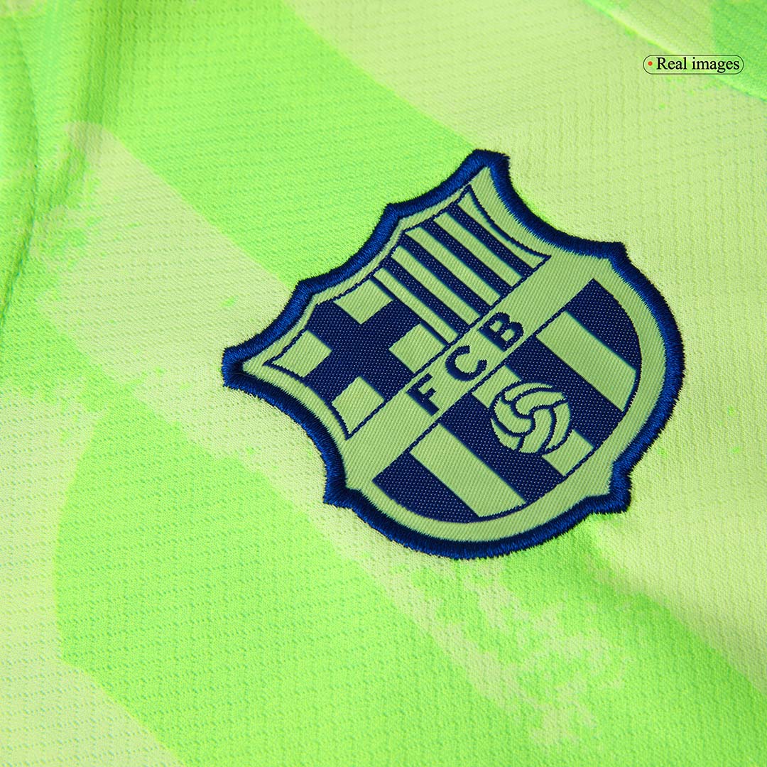 Barcelona 3rd Kids Away nogometna majica (majica, kratke hla?e in nogavice) 2024/25 zelena - UCL (logotip Spotify brez besedila)