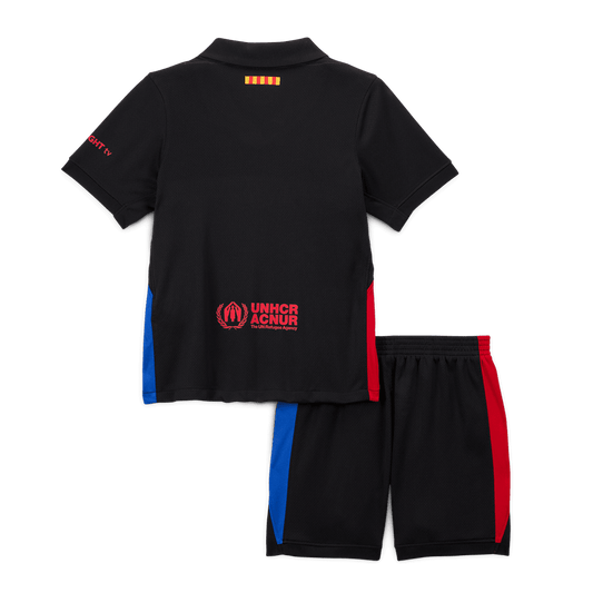 Barcelona 2024/25 Kids Away nogometna majica (majica in kratke hla?e) ?rna (nekdanji sponzor)