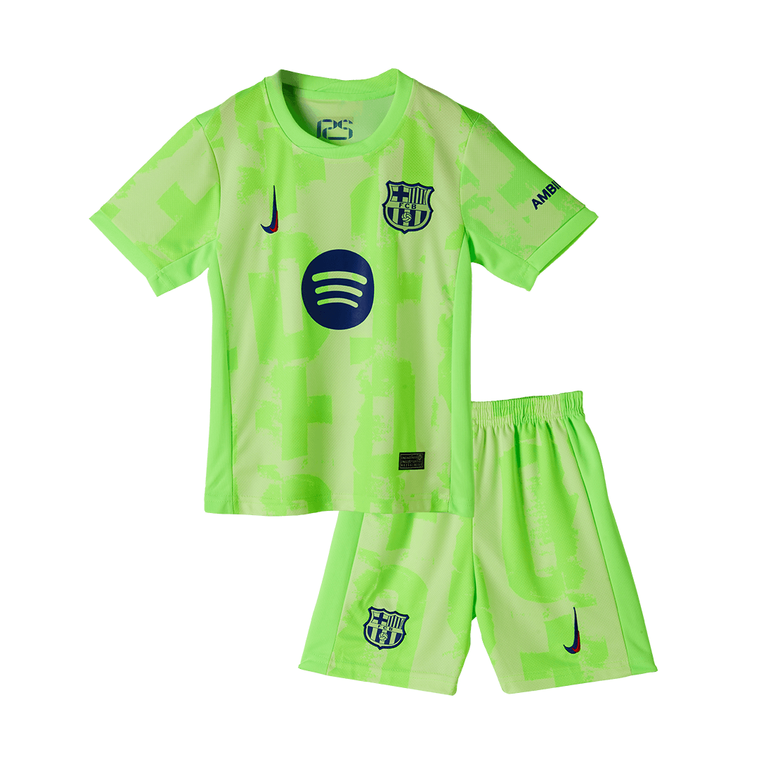 Barcelona 3rd Kids Away nogometna majica (majica, kratke hla?e in nogavice) 2024/25 zelena - UCL (logotip Spotify brez besedila)
