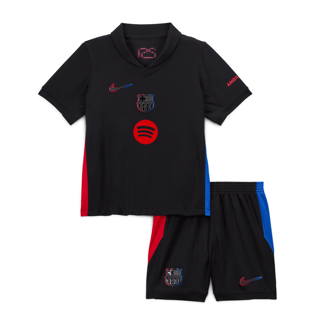 Barcelona 2024/25 Kids Away Nogometna majica (majica in kratke hla?e), ?rna - logotip Spotify brez besedila