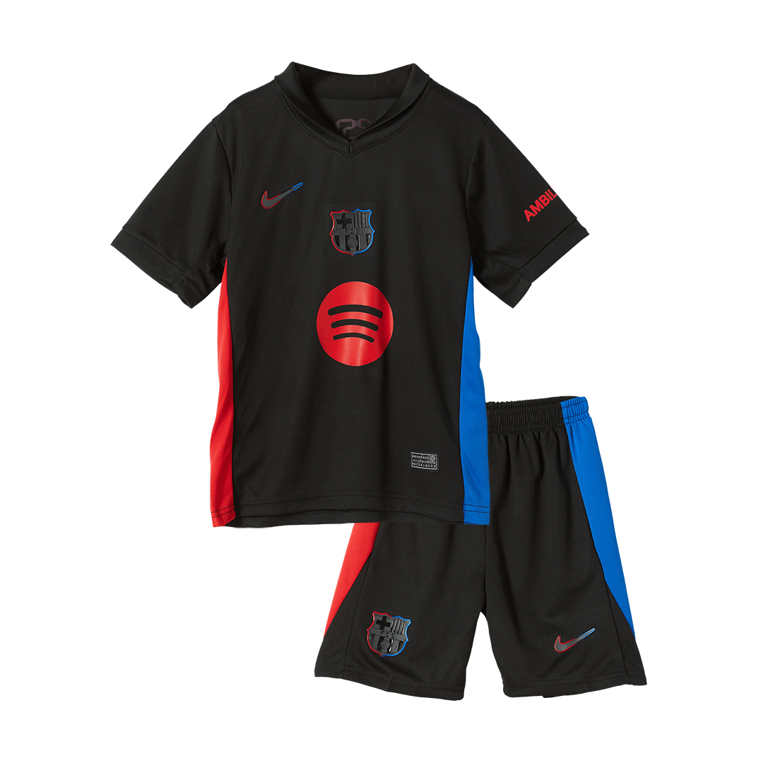 Barcelona 2024/25 Kids Away Nogometna majica (majica in kratke hla?e), ?rna - logotip Spotify brez besedila
