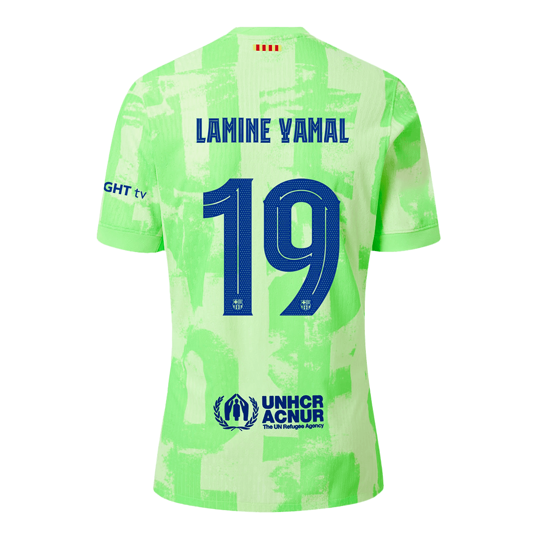Camiseta de fútbol auténtica LAMINE YAMAL #19 Barcelona Tercera Visitante 2024/25 Logo Spotify UCL Sin Texto