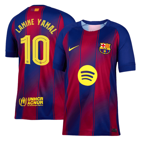 LAMINE YAMAL #10 Authentic Barcelona Doma?a nogometna majica 2025/26 rde?a in modra - UCL