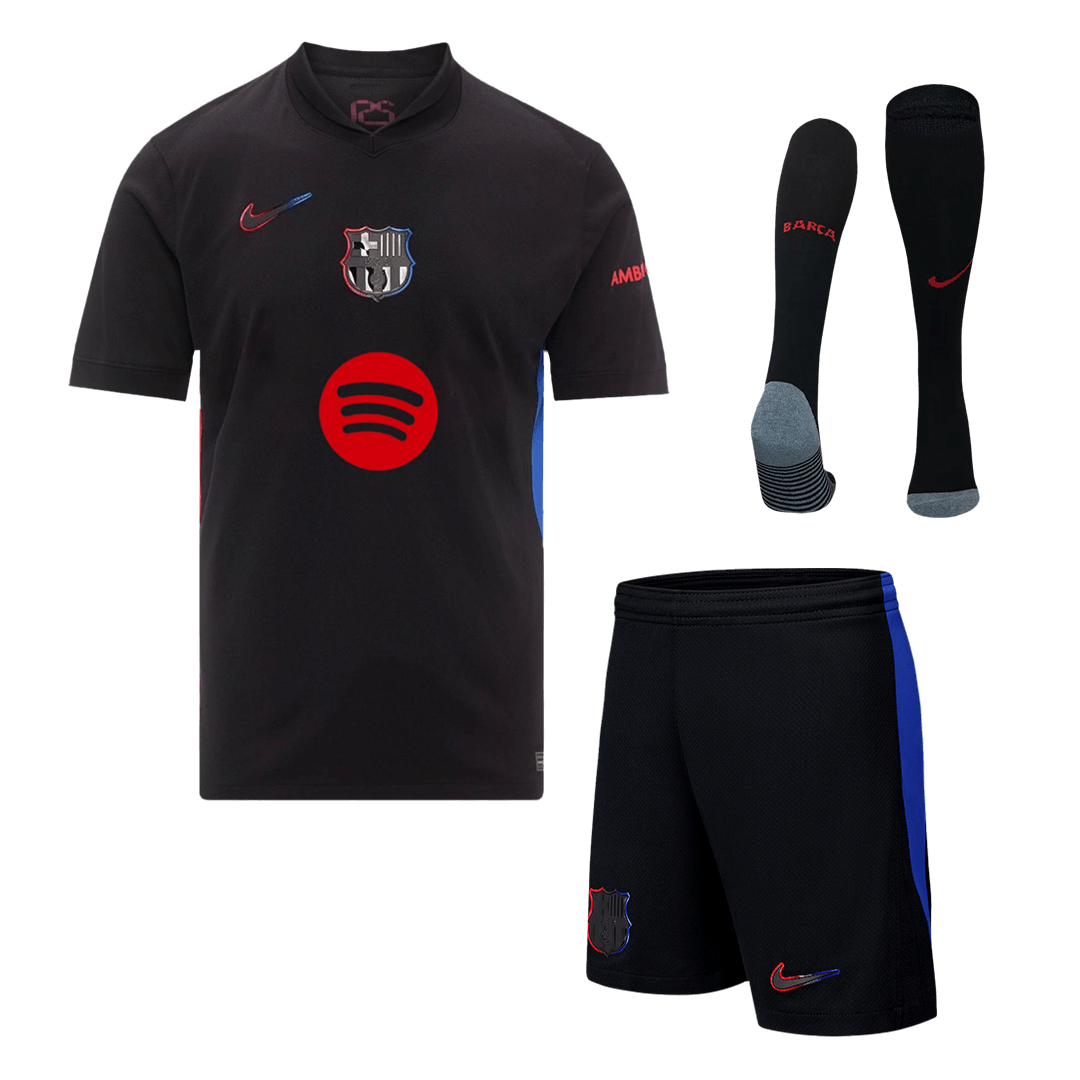 Barcelona 2024/25 Gostujo?i komplet (majica, kratke hla?e in nogavice), ?rna - logotip Spotify brez besedila
