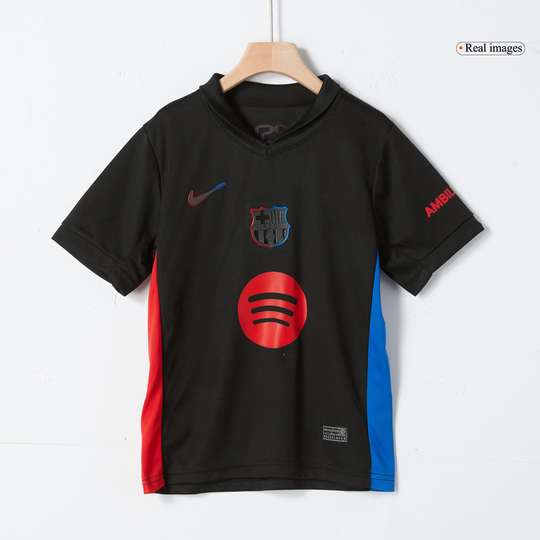 Equipaciones de fútbol de visitante personalizadas para niños del Barcelona 2024/25 - Logo de Spotify sin texto