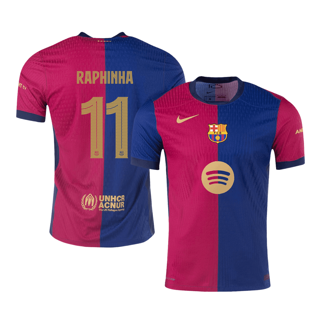 RAPHINHA #11 Avtentični domači nogometni dres Barcelone 2024/25, rdeče-moder – UCL (logo Spotify brez besedila)