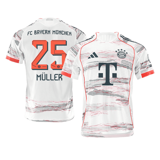 Camiseta de fútbol del Bayern de Múnich, visitante, MULLER #25, 2025/26, blanca, auténtica